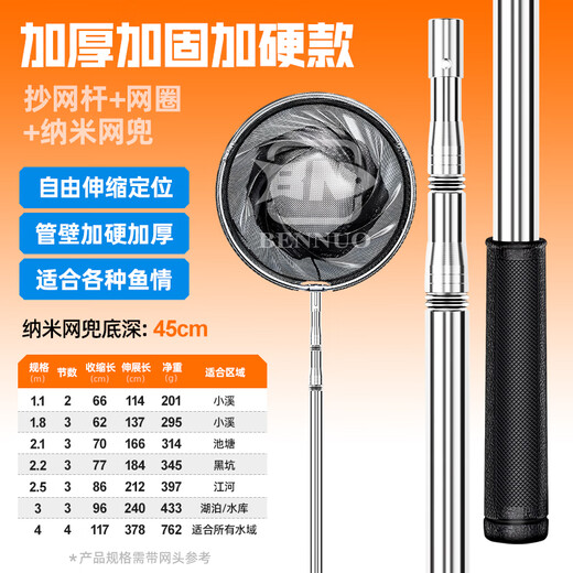 BENNUO fishing net pole set combination complete set of fishing net fishing net pocket stainless steel telescopic pole fishing folding net head thickened and reinforced hardened net pole + deepened net head 4m