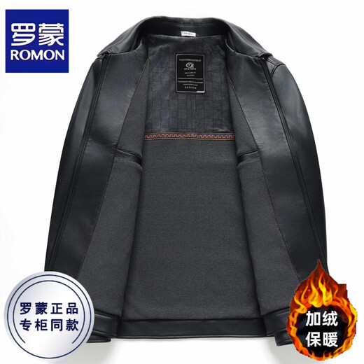罗蒙（ROMON）皮衣夹克男士秋冬季厚款加绒中年爸爸装外套皮衣夹克翻领仿皮大衣 黑色 XL 【建议125-140斤】