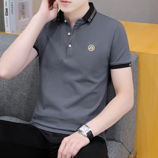 Fat Donglai summer clothes solid color lapel short-sleeved T-shirt men's trendy versatile casual loose top Black QY682 M