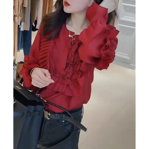 FHHUABD9857大爱美依缘2025秋季新款圆领压褶荷叶边长袖衬衫女上衣红色衫 红色上衣 M