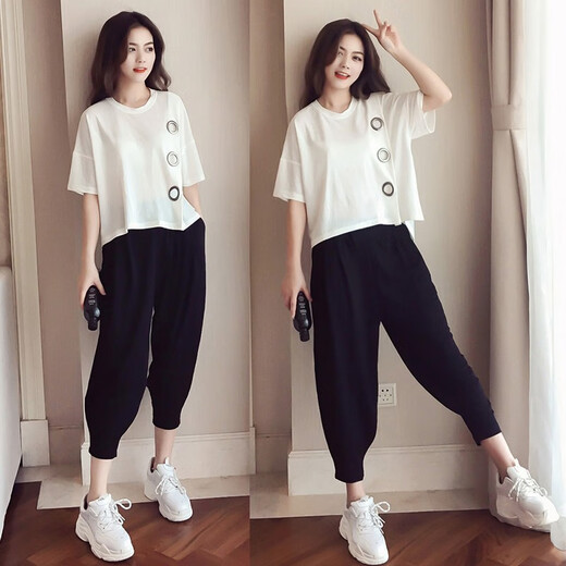 Mengsentu Summer Gran tamaño de mujer Fat Sister más grasa más pantalones casuales grandes MM MM Harem Set 2025 Spring and Summer Nuevo estilo negro <9928> M <sugerido 80-100>