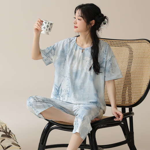 Langsha Neuer chinesischer Pyjama für Frauen im Sommer Nachahmung Baumwolle Kurzärmel 2025 Chinesische Stil Falten Sie lässig Lose Home Clothing 9905 m