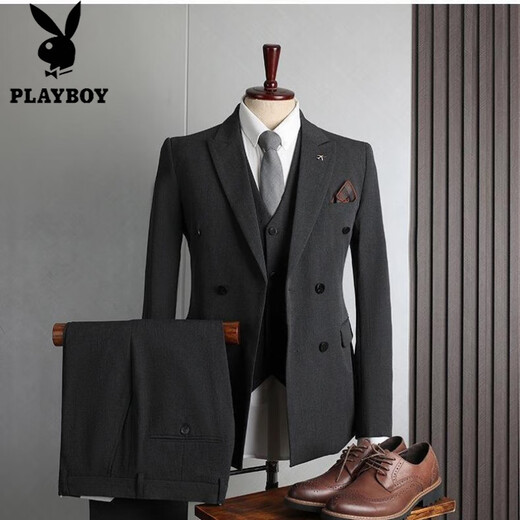 Playboy (PLAYBOY) high-quality suit men's British style double-breasted business casual suit three-piece groom's wedding dress medium gray (suit + pants) M 48