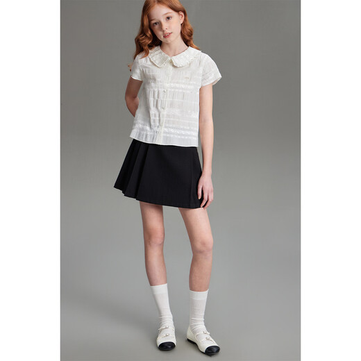 ELLE KIDS children's clothing floral jacquard short-sleeved shirt girls summer new French elegant resort style top pearl white 165 (M)