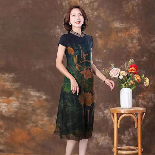 登森图中年裙子40-50岁旗袍裙夏天穿的妈妈连衣裙夏季改良女短袖过膝长 花色 9761 M 95至105斤