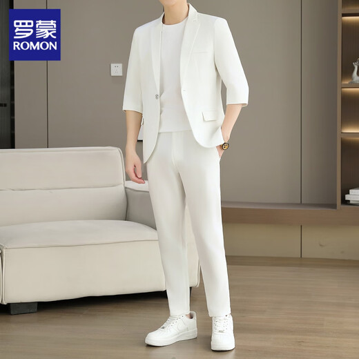 ROMON Suit Men's Three-quarter Sleeve Jacket Summer Slim Business Formal Casual Suit Men's 2506 Khaki Long Sleeve Suit XL