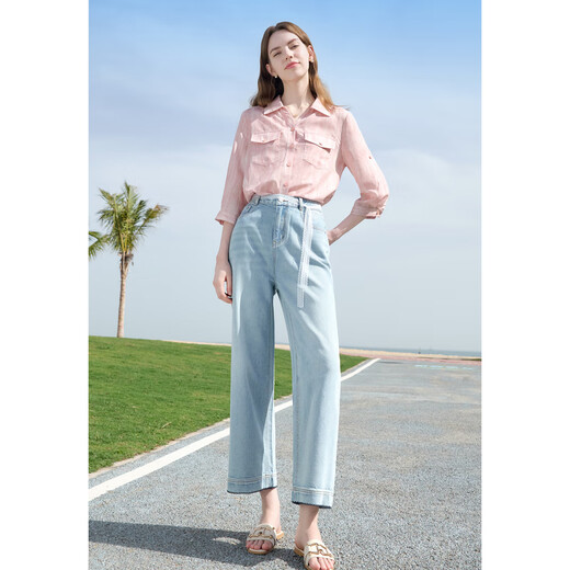 百图betu女装2025夏季新款牛仔阔腿裤棉感天丝九分裤裤子女2505X15 浅牛仔蓝 M