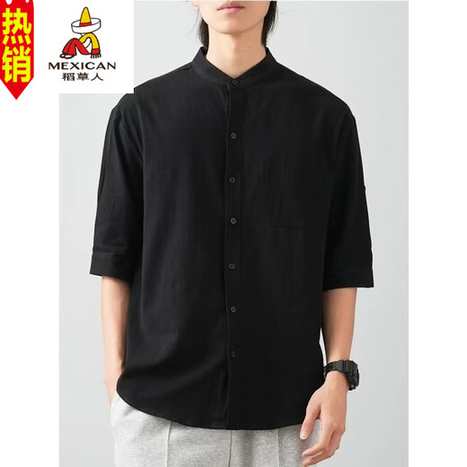 Scarecrow men's stand collar white short-sleeved shirt men's Japanese pure cotton round neck three-quarter sleeve T-shirt Henry collar textured shirt C1020-white-three-quarter sleeve XL Recommended 110-125Jin Jin equals 0.5 kg