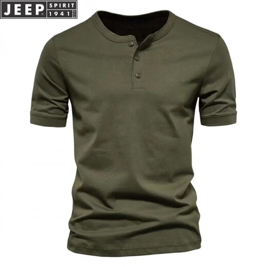 JEEP SPIRIT American retro heavy summer base shirt cotton short-sleeved Henry shirt men's fitness tough guy army green T-shirt half-sleeved 3KDT-1-white M
