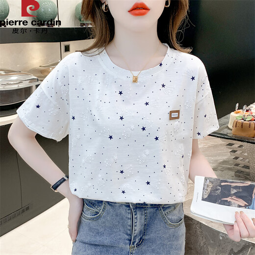 
Pierre cardin pure cotton printed T-shirt for women short-sleeved summer 2025 new loose print design versatile T-shirt top trend 1396 white + 340 blue flower S suitable for 80-99Jin [Jin equals 0.5 kg]