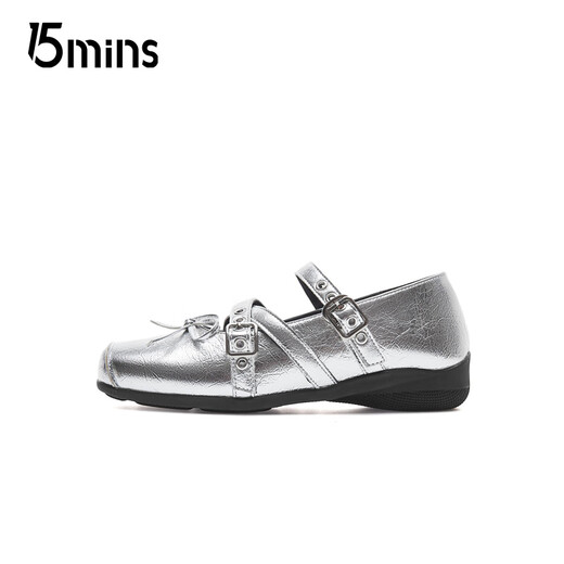 
15MINS Mary Jane Women's Shoes New French Square-toe Ballet Style Small Leather Shoes Fashion Single Shoes D1355AQ5 Silver 36