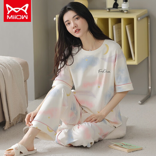Catman Miiow Pyjamas für Frauen im Frühjahr und Sommer kurzärmelige Hosen koreanische Studenten können im Sommer im Sommer reine Baumwoll-Kleidungsanzüge im Kurzlänge M-Kurzlängen-M (80-100jin [Jin gleich 0,5 kg]) tragen)