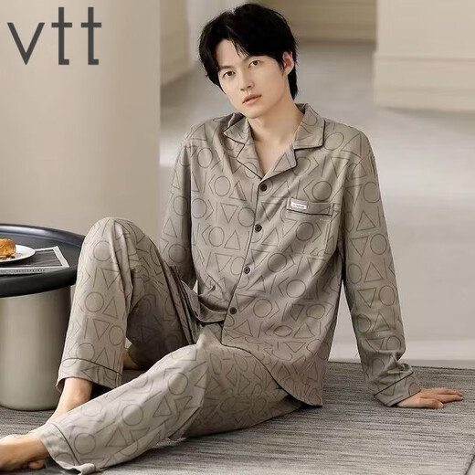 VTT男士睡衣男款春秋款2025新款纯棉长袖秋冬款秋季家居服套装 V长袖套装：OMM12023 坑条 L
