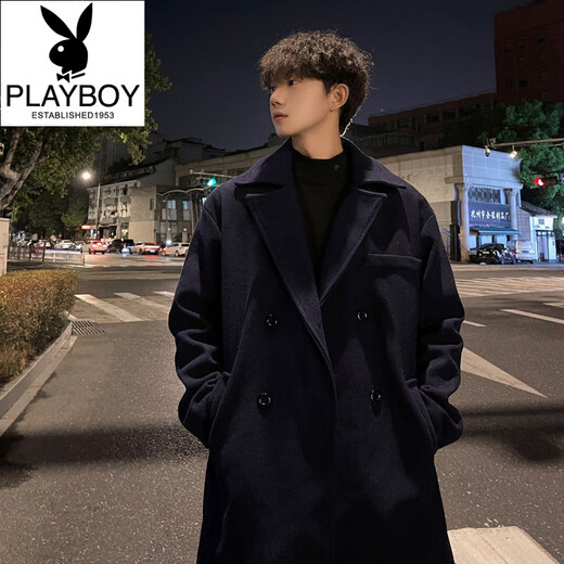 Playboy (PLAYBOY) winter Internet celebrity thickened double-sided woolen coat men's medium-length double-breasted woolen windbreaker Korean style coat couple trend white S