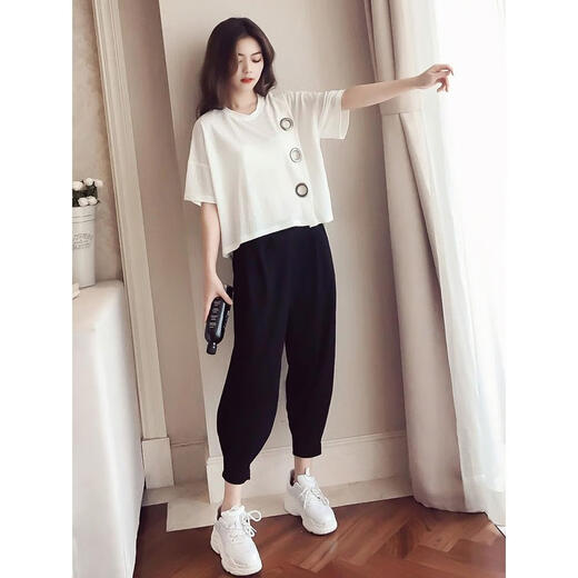 
Woodpecker Large Size Women's Fat mm Harem Pants Set 2025 Spring and Summer New Style Fashionable Slimming Belly Sports and Casual Two-Piece Set Black 9928 M Recommended 80-100