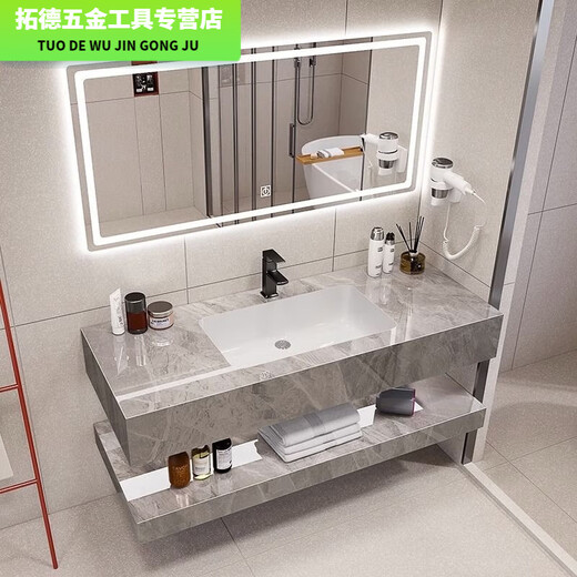 双层岩板无缝洗手台盆一体浴室洗漱洗脸盆酒店卫生间洗脸盆可定制 鱼肚白无缝盆【智能镜送五金全套 SQWY【110*50】已售3568件