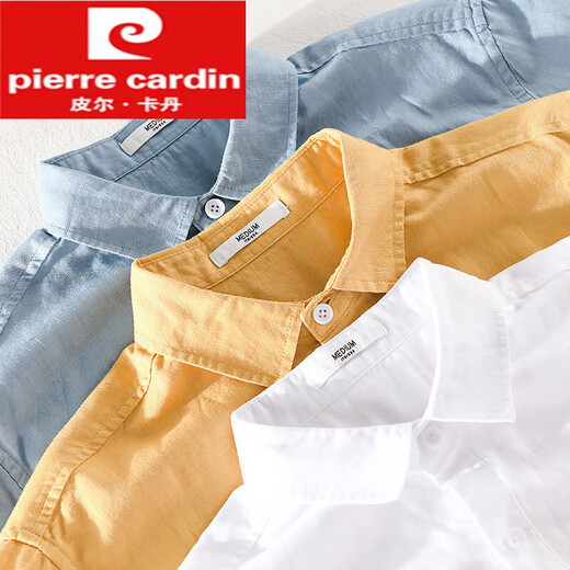 皮尔卡丹（pierre cardin）男士亚麻翻领短袖t恤宽松衬衫领上衣服有带领T棉麻料体恤麻布夏装 yunyi-9711白色 M