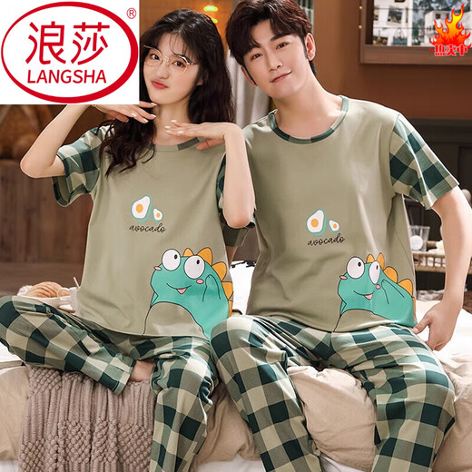浪莎（LangSha）情侣睡衣夏季纯棉短袖长裤套装一女男士家居服春秋夏天2025年新款 HD3519# M 女款：