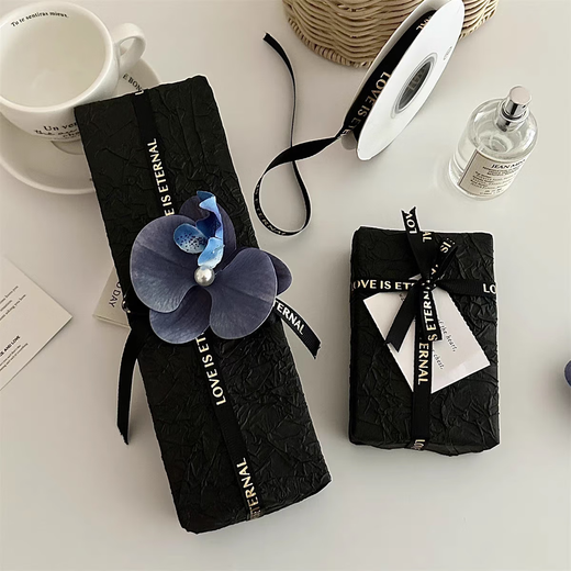 High-quality stone grain paper, black large size gift wrapping paper, cigarette box decoration material, high-grade pleated feel for boyfriend, blue Phalaenopsis + 1 meter black ribbon