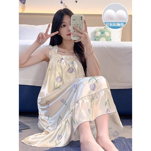 诸禄睡裙女夏季自带胸垫冰丝凉感吊带睡衣夏女士甜美可爱家居服 3888【不可拆胸垫】 M 【75-100斤】