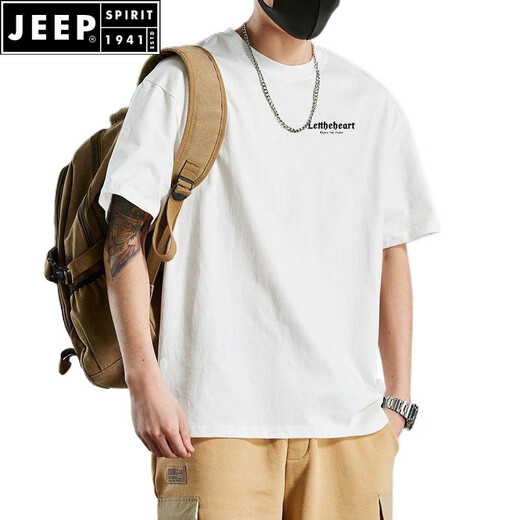 JEEP SPIRIT短袖t恤男士美式高街ins潮牌半袖体恤重磅棉宽松大码套头上衣服 白色棉-1342 2XL