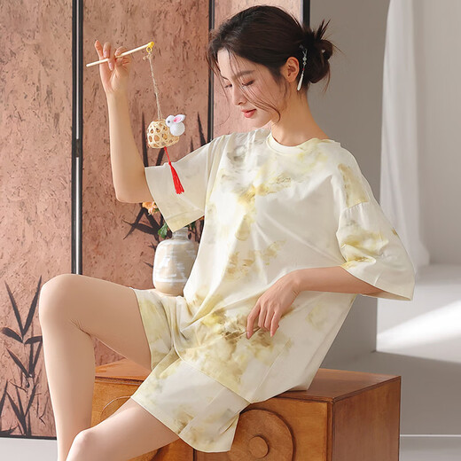 Langsha Pyjamas für Frauen 2025 Sommer Super Soft Laisele Tiansi Baumwolle kurzärmelige Anzug lose und frische Heimkleidung 1289 m [Vorgeschlagen 85-105jin [Jin ist 0,5 kg]]
