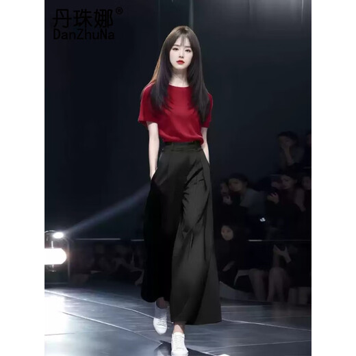 Pantalones casuales de Danzhuna Summer de mujeres 2025 Nuevo traje de moda Temperamento Temperamento estilo francés Pantalones largos de piernas largas 9717 Red + Pantalones negros M