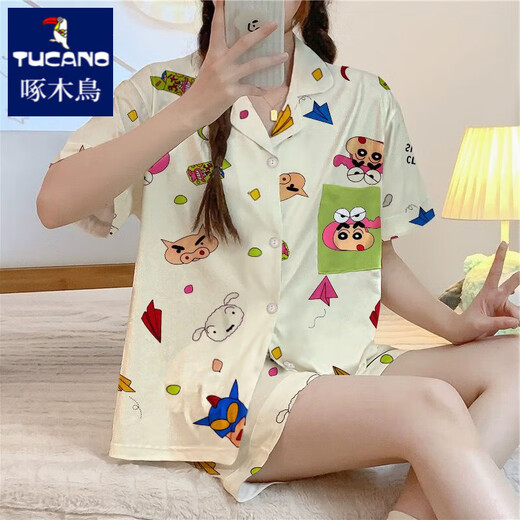 Pajama de caricatura de caricatura de pájaro cartilín para mujeres en verano de algodón puro de manga pura juego de tres piezas japonés Ins lindo estudiante Cardigan ropa casera #fs-tres piezas Set 14135 m [75-95Jin [Jin equivale a 0.5 kg]]