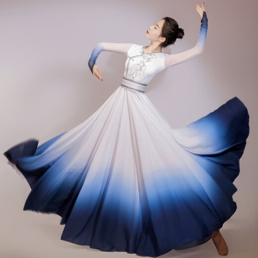 Gosilang Mongolian costume female blue dance costume adult art test large swing skirt opening dance dress Mongolian stage table gradient color M