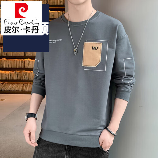 Pierre Cardin Herren-Langarm-T-Shirt, locker, trendig, Marke, kleines Hemd, 2023, neues T-Shirt, Frühlings- und Herbst-Tops, Sweatshirt, Herren, trendiger Samt, verdickt, 1105, Schwarz, XL, ca. 130–145 Jin Jin entspricht 0,5 kg, kann getragen werden