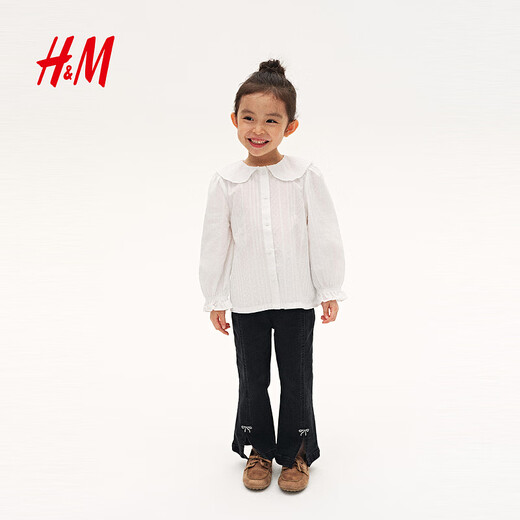 H&M children's clothing children's girls' shirt spring long-sleeved dress performance clothing textured cotton top 1306127 white 120 120/60 (4-6Y)