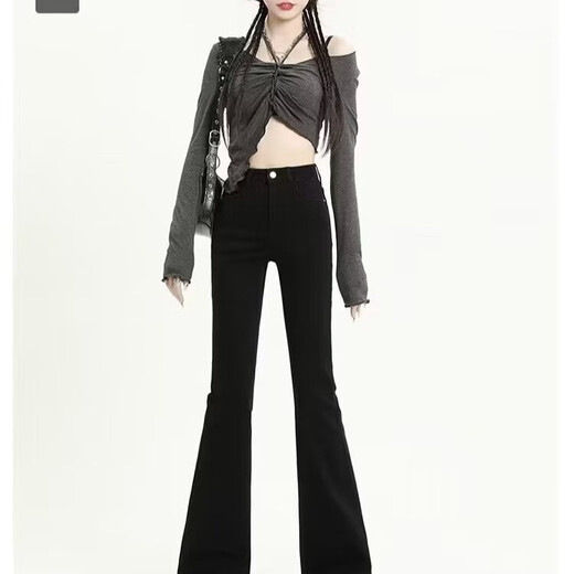 Jeans micro-flareaux noirs pour femmes 2025 Pantalage à la fourrure mince de printemps et d'automne