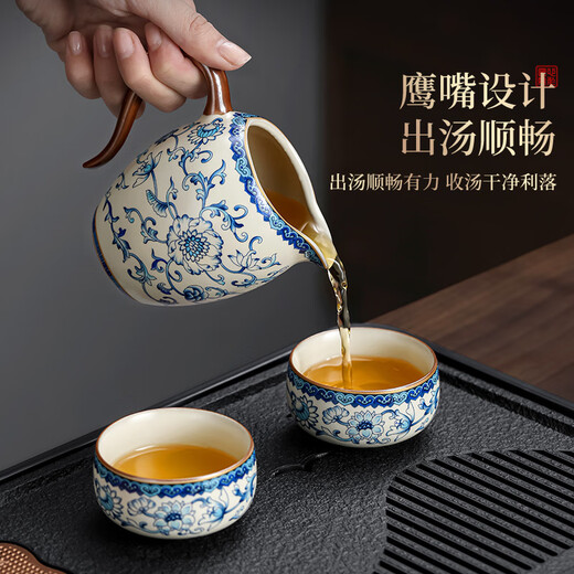 Buchuo tea set complete set of Kung Fu tea set for home use in living room tea set high-end blue and white porcelain Ru kiln covered bowl 9 pieces