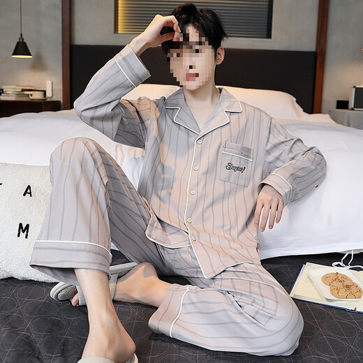 
Changluzhu Chun Autumn Pajamas for men pure cotton loose large size casual long sleeve trousers summer and winter style can be worn outside for home clothes OMM12004 L (recommended 100-130 Jin [Jin equals 0.5 kg])