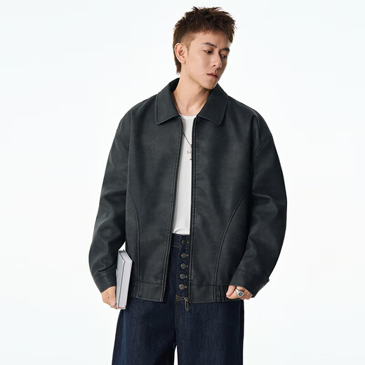 American trendy brand retro PU leather jacket with spliced lapel jacket for men, spring and autumn loose and versatile casual jacket, black M