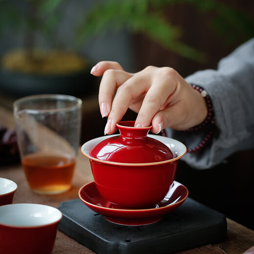 SUSHI CERAMICS tea set set with red lidded bowl plus 4 teacups with ceramic tray, wedding tea ceremony, Kung Fu tea set gift set