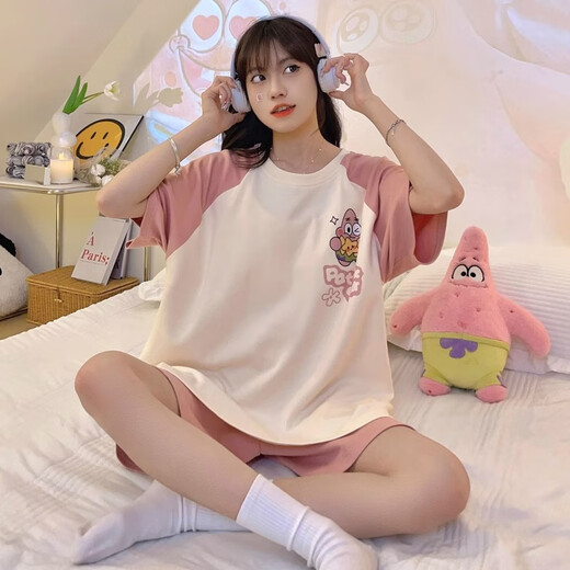 Xushansi pajamas women's cute short-sleeved two-piece set for summer new thin casual Korean version breathable plus size home clothes for outdoor wear 679 green dinosaur M Recommended 80-90 Jin [Jin equals 0.5 kg]