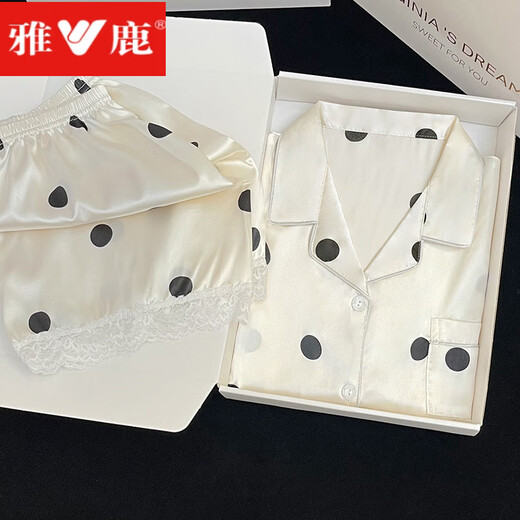 雅鹿睡衣女夏天冰丝绸凉感短袖短裤套装甜美波点春秋款女士家居服 #YX-9214 M 75-98斤
