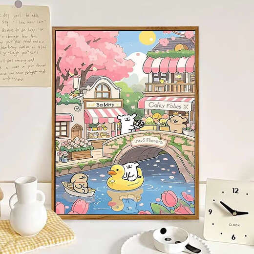 He Jiangong 2025 new line puppy digital oil painting DIY cure cartoon children's hand-painted fill coloring LL13882 acrylic paint professional oil canvas multiple professional brushes wall hanging tools 20*30cm thick solid wood inner frame