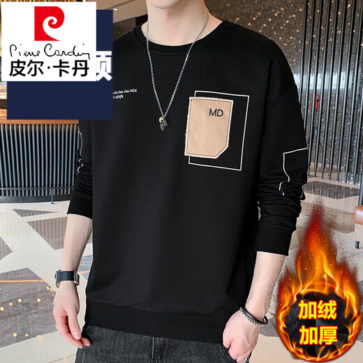 Pierre Cardin Herren-Langarm-T-Shirt, locker, trendig, Marke, kleines Hemd, 2023, neues T-Shirt, Frühlings- und Herbst-Tops, Sweatshirt, Herren, trendiger Samt, verdickt, 1105, Schwarz, XL, ca. 130–145 Jin Jin entspricht 0,5 kg, kann getragen werden
