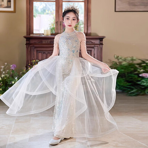 Hanquan girls' catwalk dress, high-end 2025 new sequined fishtail children's birthday dress, small host costume, light champagne color 160, suitable for weight 80-90Jin Jin is equal to 0.5 kg