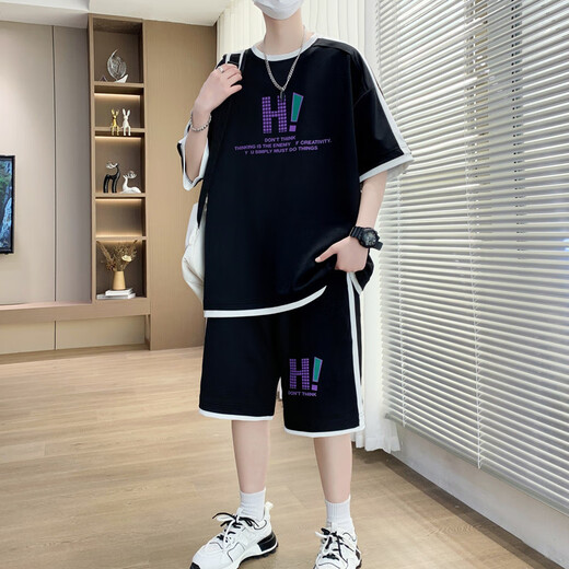 奥计高中生潮牌短袖T恤男孩夏季两件套1215岁运动衫 9926黑色(短袖+短裤) M (70-90斤左右)
