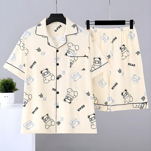 Mu Fengqing men's pajamas summer thin short sleeve shorts cartoon student teenager plus size summer home clothing set [HZ#3271] double short set M [70-100Jin[Jin equals 0.5 kg]]