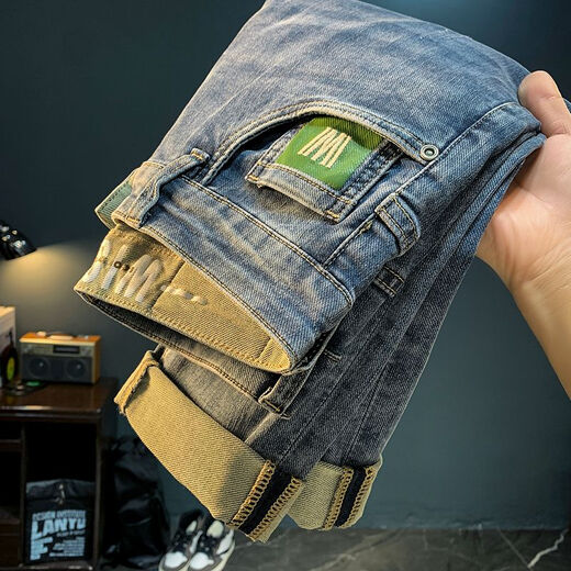 高端男士牛仔裤春秋季2025薄款修身小脚裤刺绣韩版潮流哈伦男裤子 蓝色 31