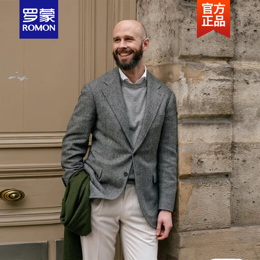 ROMON British retro wool herringbone suit jacket Autumn and winter khaki men's casual tweed wool suit Gray herringbone single suit M Height 170/weight 125