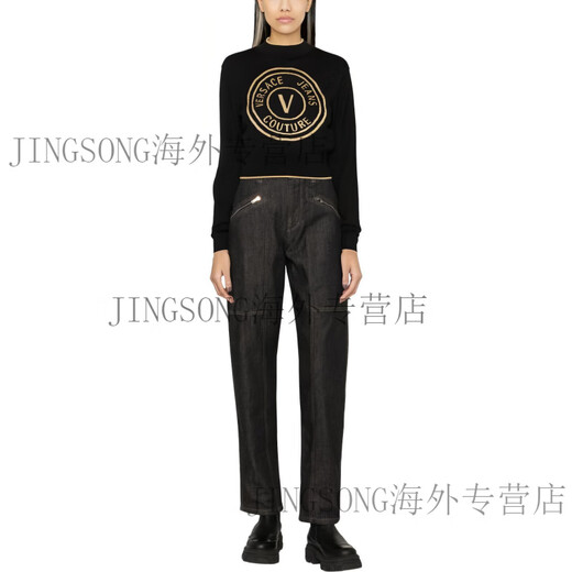范思哲（VERSACE）FW23字母印花圆领短款长袖毛衣女款黑色 黑色 M