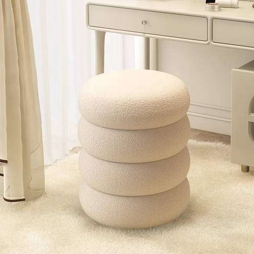 Sanqihu Cream Style Makeup Stool Home Dressing Stool Girls' Bedroom Light Luxurious and High-end Round Stool Makeup Chair The same style as the main picture, cream style off-white lamb velvet dressing stool, soft seat surface + not tired after sitting for a long time
