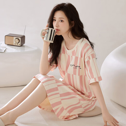 Langsha Nightgown's Women's Pure Cotton Короткие рукава с грудной клеткой 2025 Повседневная тонкая женская платья средней длины пижама Лето x12532 с грудной клеткой l