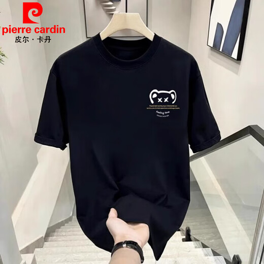 Pierre Cardin T-Shirt für Männer 2025 Sommer Kleidung neuer Bär reines Baumwoll dünne kurzärmelige Druck trendy schwarze halbärmelige T-Shirt V1463 Black S Empfohlen 80-95jin [Jin gleich 0,5 kg]