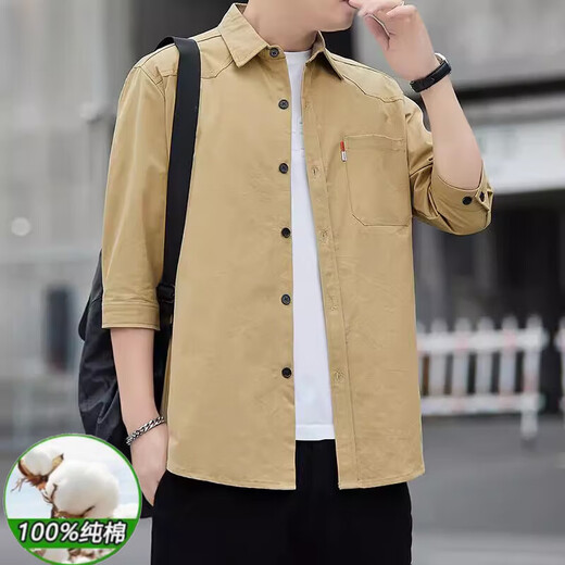 Hengyuanxiang Summer 7-й четверти рубашки для рубашки мужская новая чистая хлопчатобумажная рубашка мужская модная повседневная рубашка для рубашки мужская одежда Q6626 7-четвертый рукав 2 штуки [военный зеленый + черный] m